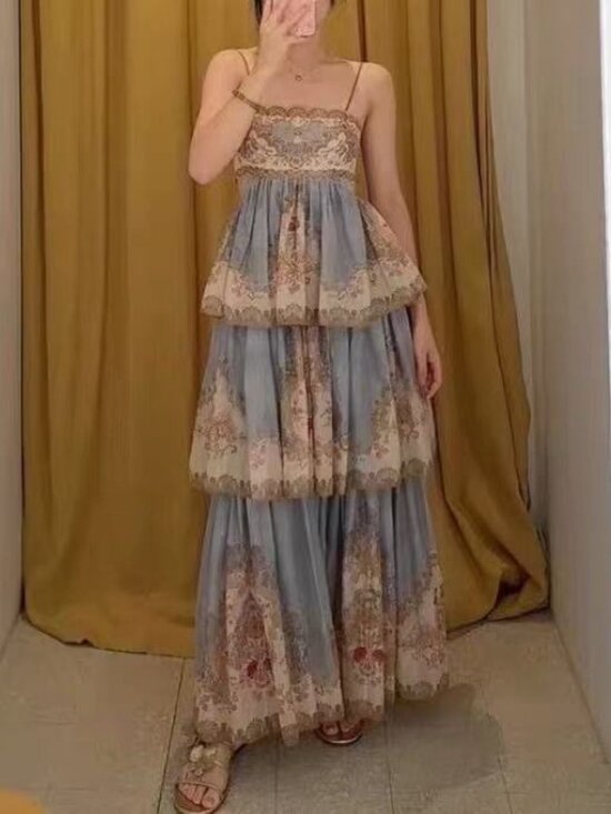 Zimmermann Dresses & Skirts - Zimmermann Tiered Linen Blend Maxi Dress Floral Lace Up Back Size 0